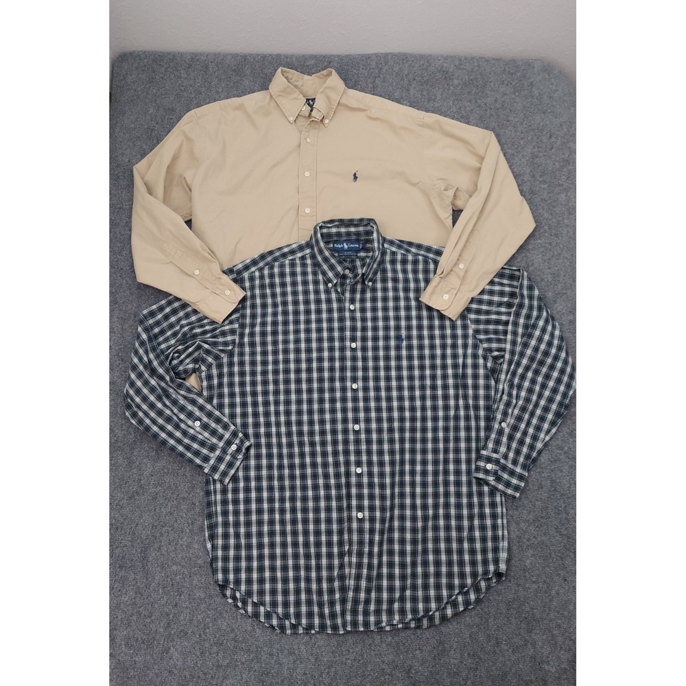 Lot 2 Polo Ralph Lauren Shirt Mens Large Button Down Plaid Pony Blake Tan Blue